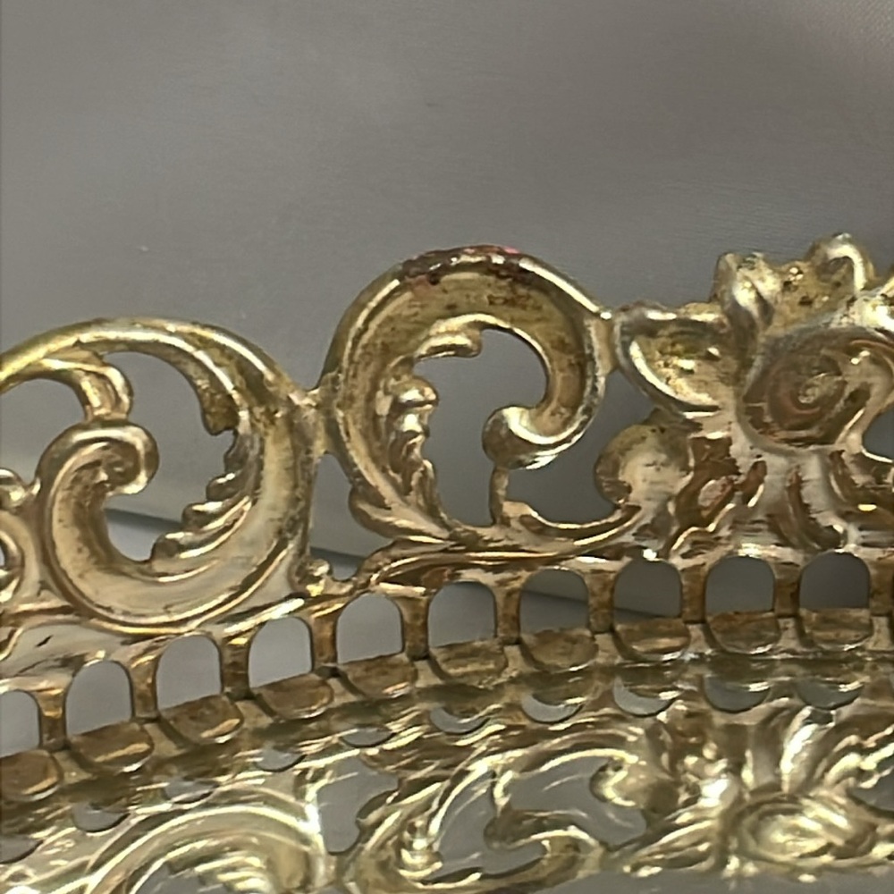 Vintage Mirror Vanity Tray 14” Ornate Reticulated Brass Gold Tone Oblong - Picture 8 of 8